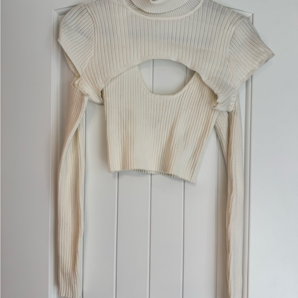 12th Tribe Cream Ribbed Cut-Out Crop Top